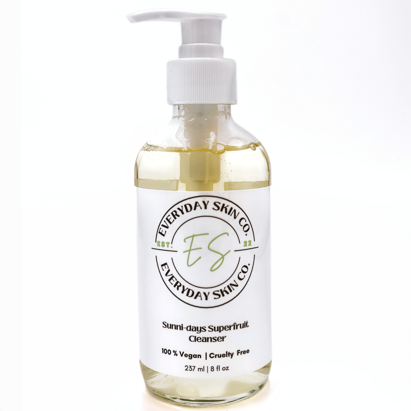 A pump bottle of Sunni-days Superfruit Cleanser by Everyday Skin Co. with visible product information on the label.