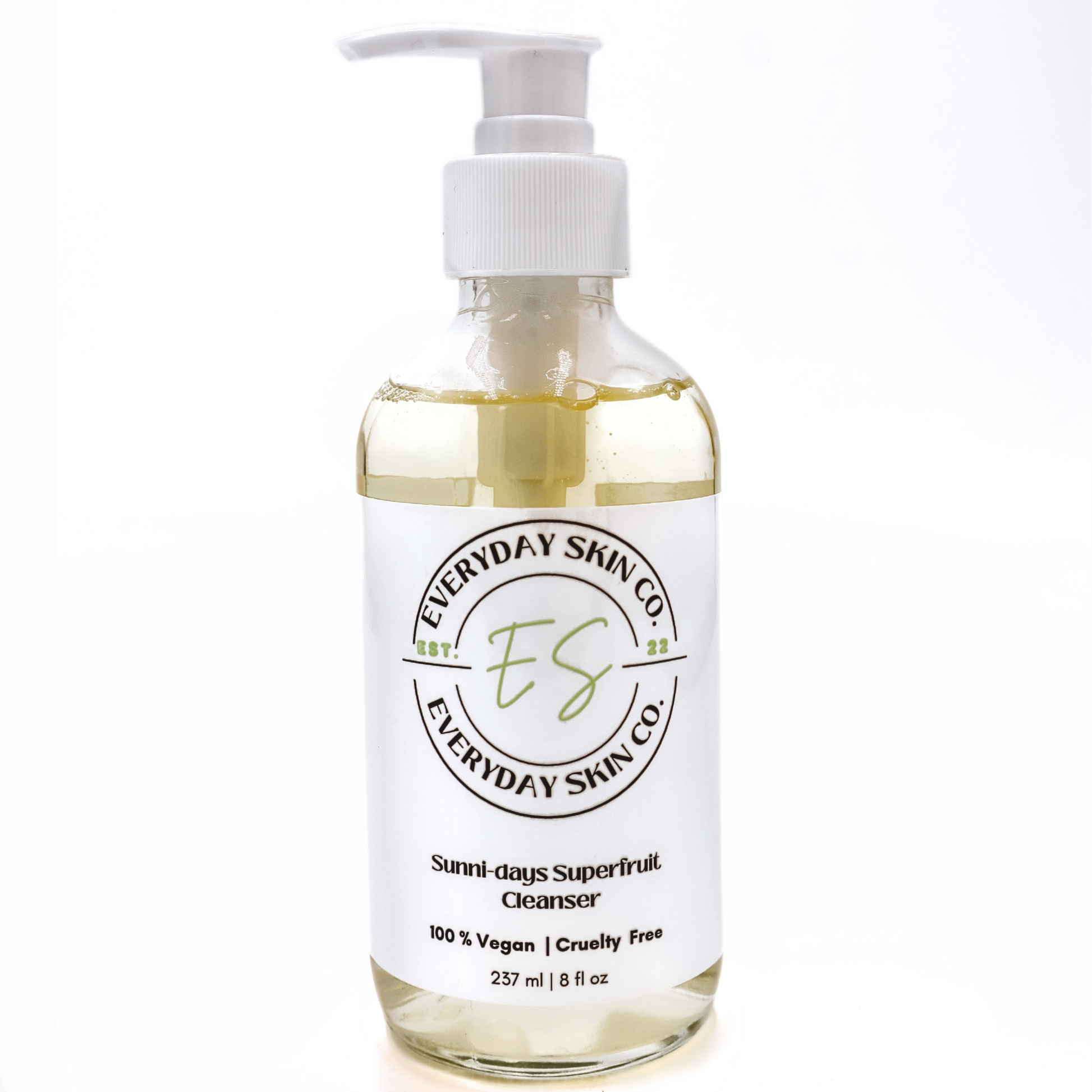 A pump bottle of Sunni-days Superfruit Cleanser by Everyday Skin Co. with visible product information on the label.